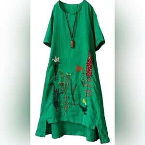 Bohemian Embroidered Cotton Linen A-Line Summer Sundress Tunic Hi Low Dress